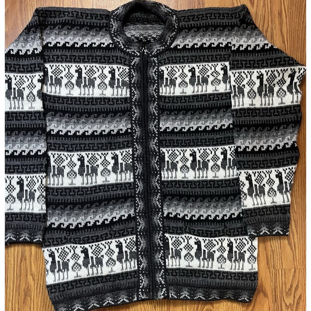 Alpaca Wool Peru Full zip Sweater Women Gray Llamas Designs Size L - NEW